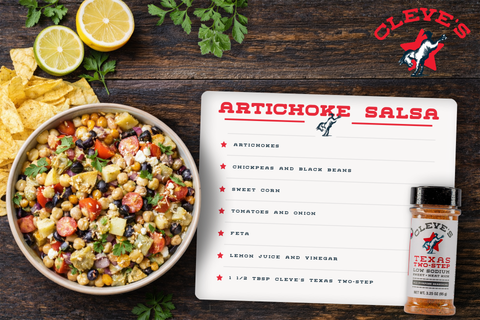 Bowl of Cleve's Artichoke Salsa with chickpeas, black beans, tomatoes, and feta, beside tortilla chips and Texas Two-Step seasoning