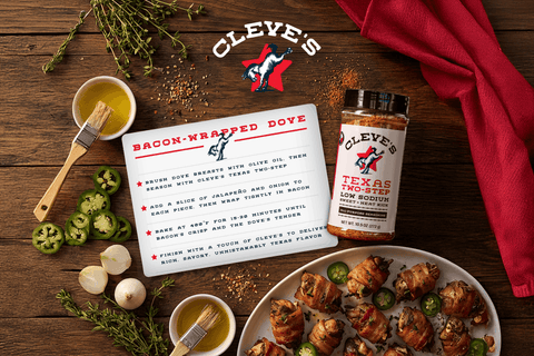 Plate of Cleve's bacon-wrapped dove breasts with jalapeno and herbs, beside olive oil, garlic, and a bottle of Texas Two-Step seasoning.