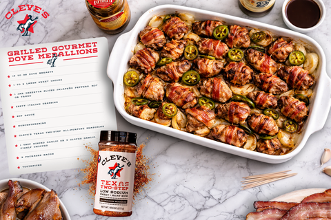 Dish of Cleve's Grilled Gourmet Dove Medallions, bacon-wrapped dove with onions and jalapenos, beside a bottle of Texas Two-Step seasoning
