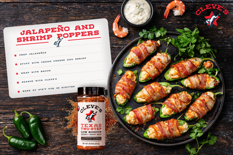 Plate of Cleve's bacon-wrapped jalapeno and shrimp poppers with a creamy dip, beside fresh jalapenos and a bottle of Texas Two-Step seasoning