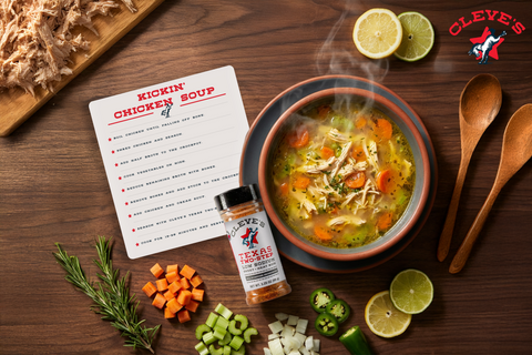 Steaming bowl of Cleve's chicken soup with shredded chicken, carrots, and celery, beside fresh vegetables and a bottle of Texas Two-Step.