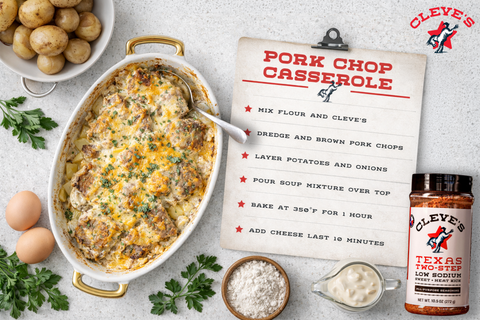 Cleve's Pork Chop Casserole baked with Texas Two-Step seasoning, sliced potatoes, onions, and melted cheddar in a 9x13 dish