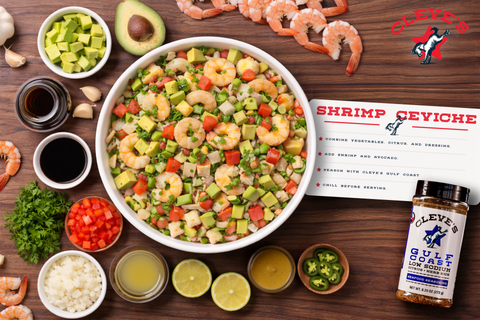 Bowl of Cleve's shrimp ceviche with avocado, tomato, and peppers, beside lime, shrimp, and a bottle of Gulf Coast seasoning.